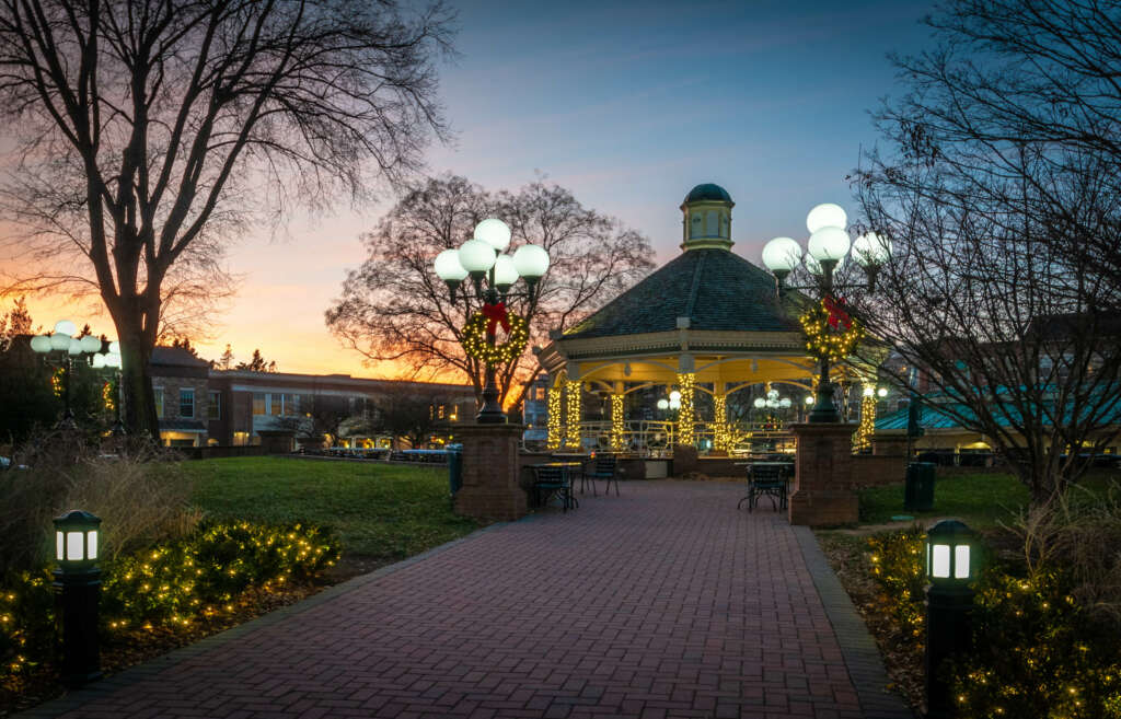 worman's mill gazebo with holiday lights